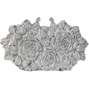 ⚡ Women's Rhinestone Sparkly Handmade Glitter Diamond Flower Silver Clutch Bag